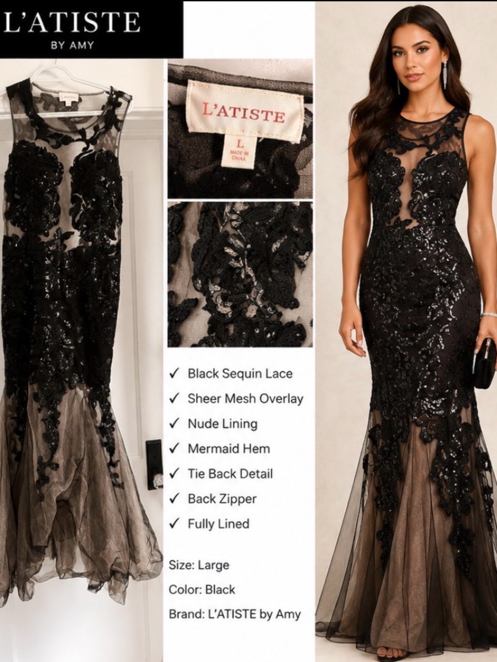 L'ATISTE Black Sequin Lace Mermaid Gown